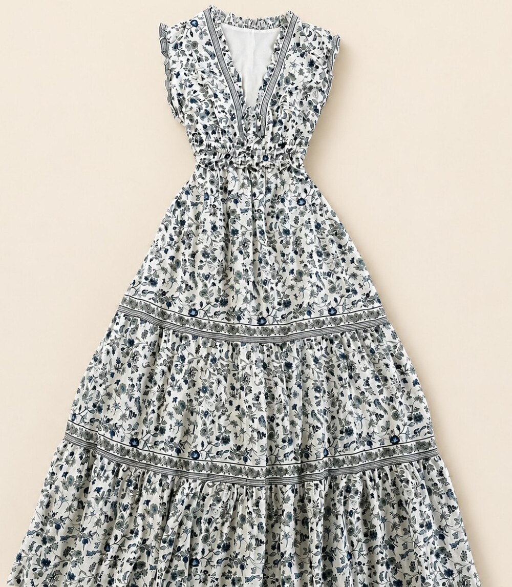 White Midi Dress with Blue Floral Print(M) - Picture 2 of 5